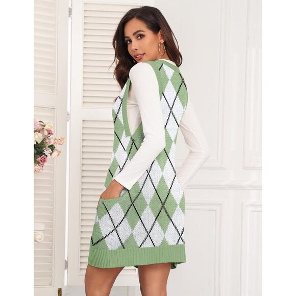 Hotouch Womens Green Argyle V Neck Sleeveless Knitwear Pullover Vest Sweaters - Picture 2 of 6